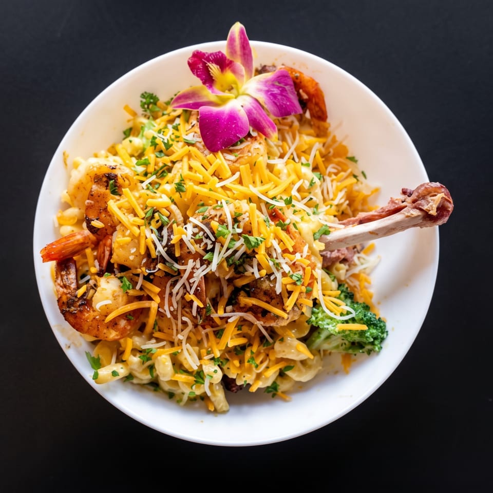 Macaroni and cheese with shrimp, chicken drumstick, broccoli, and a purple orchid garnish.