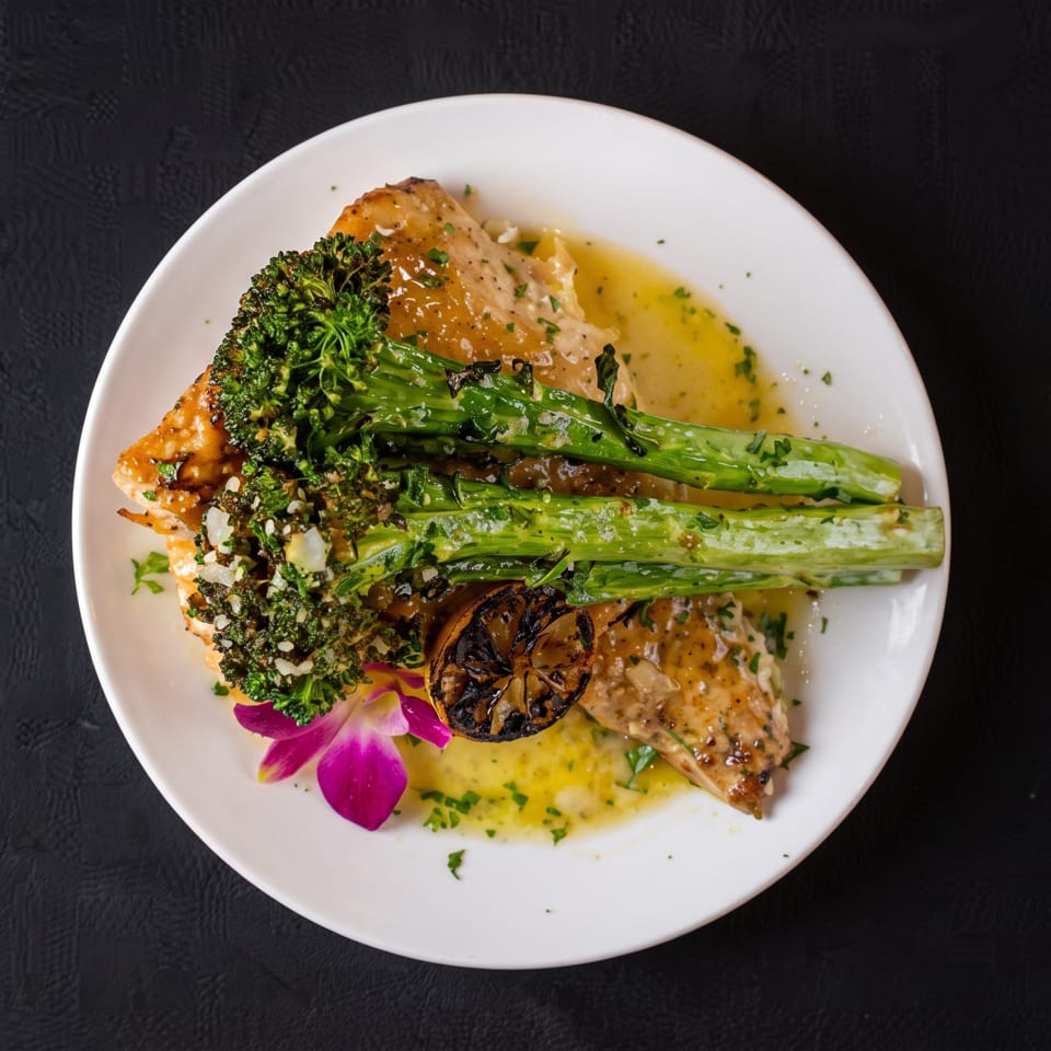 Chicken with broccolini, asparagus, grilled lemon, and a purple orchid on a white plate.